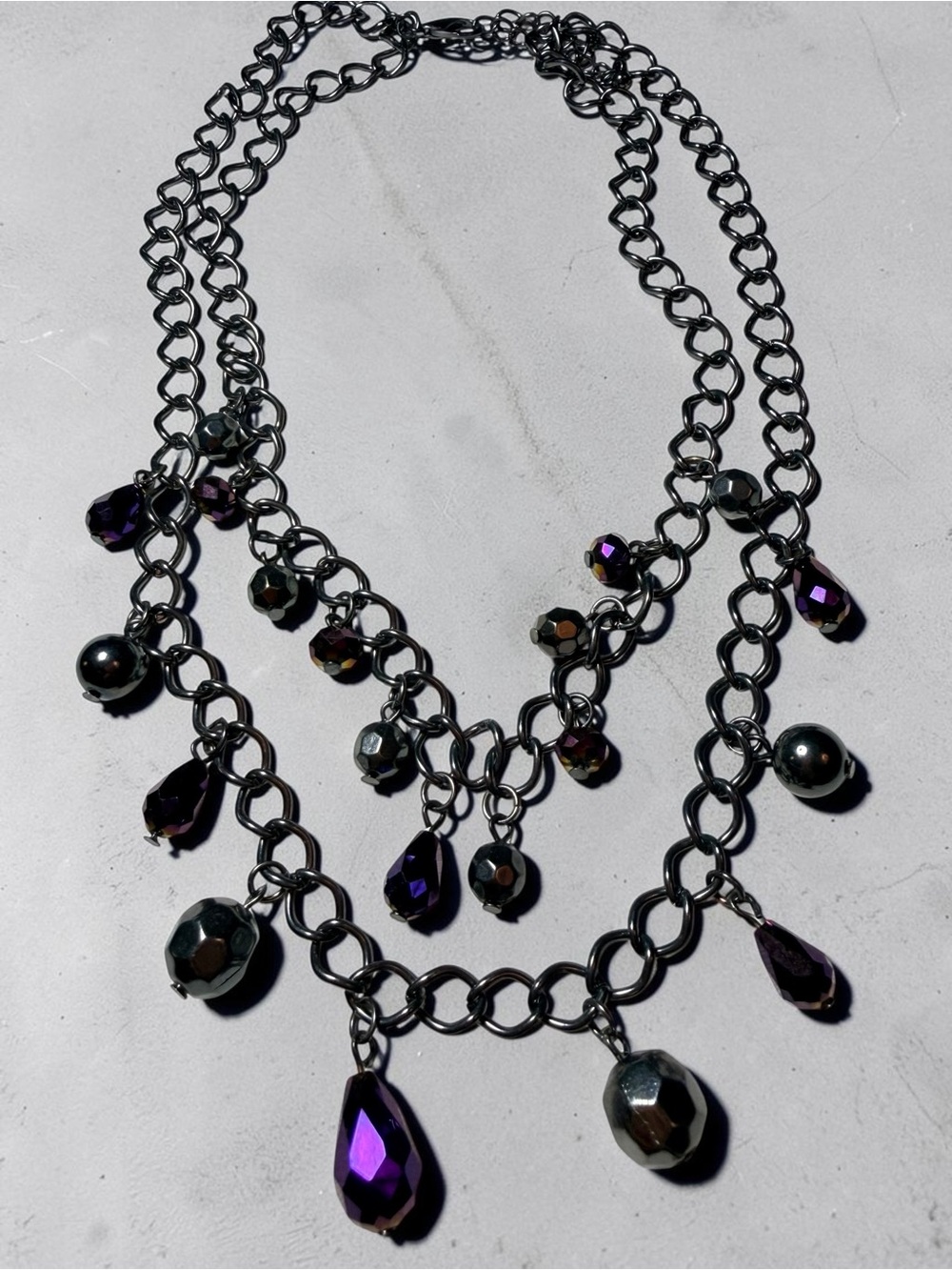 Gunmetal Multi-Strand Necklace with Purple Crystal Drops